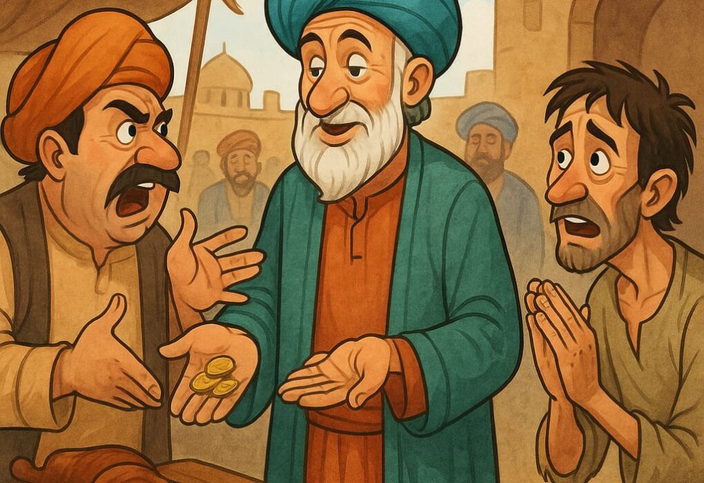 मुल्ला नसरुद्दीन गरीब आदमी की मदद करते हुए दुकानदार को सिक्कों की खनक सुनाते हुए