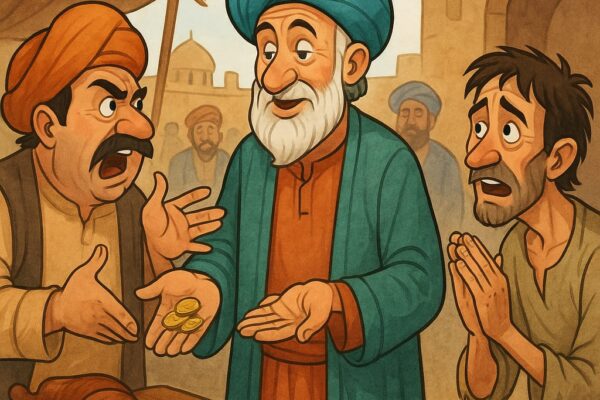 मुल्ला नसरुद्दीन गरीब आदमी की मदद करते हुए दुकानदार को सिक्कों की खनक सुनाते हुए