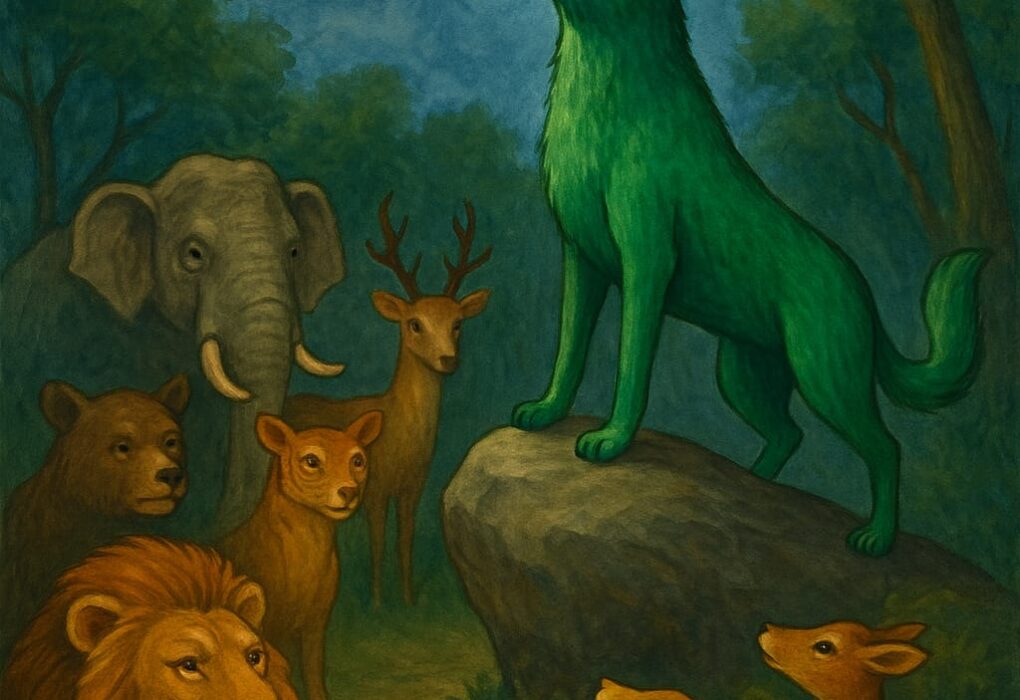 हरे रंग का सियार जंगल में राजा के रूप में खड़ा