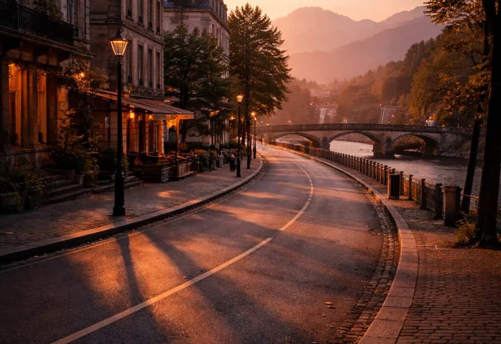 साँझ के समय शहर की सड़क पर परछाइयों के बीच बहती ज़िन्दगी का दृश्य