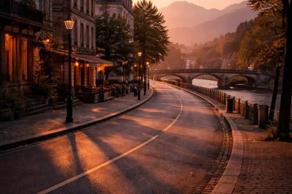 साँझ के समय शहर की सड़क पर परछाइयों के बीच बहती ज़िन्दगी का दृश्य