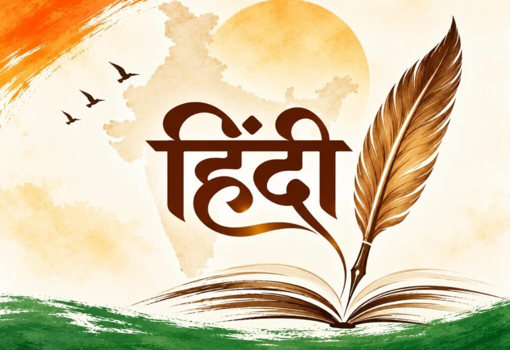 हिंदी : भारत की पहचान — हिंदी भाषा, भारत का मानचित्र और साहित्य का प्रतीक