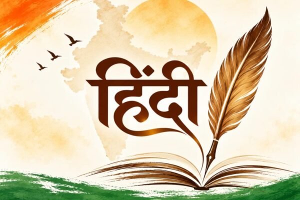 हिंदी : भारत की पहचान — हिंदी भाषा, भारत का मानचित्र और साहित्य का प्रतीक