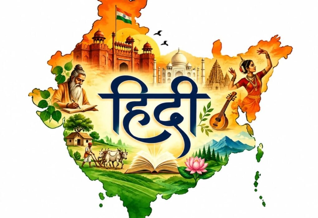 भारत के मानचित्र में हिंदी और भारतीय संस्कृति की झलक