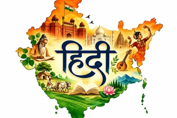 भारत के मानचित्र में हिंदी और भारतीय संस्कृति की झलक